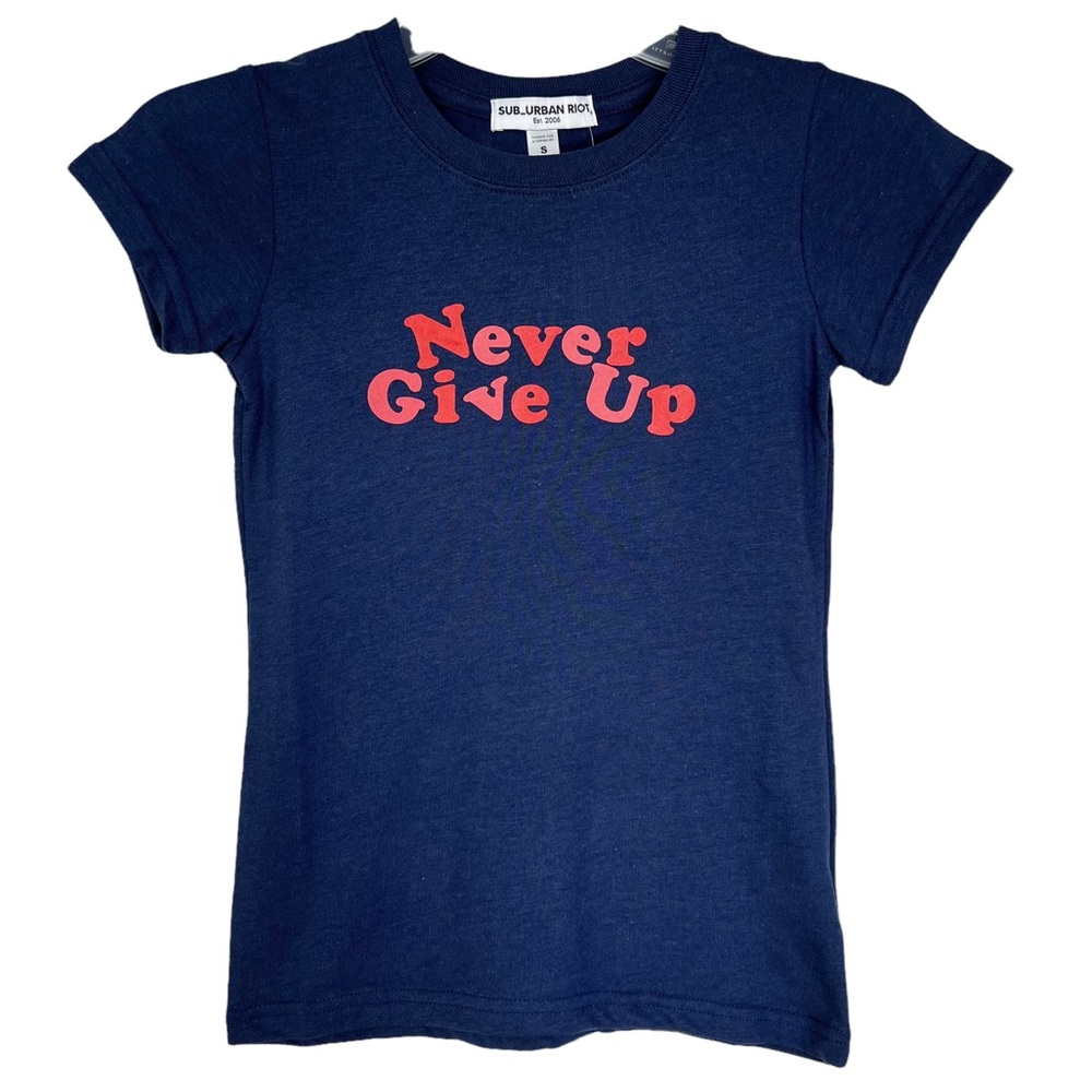 NWT Sub_Urban Riot Girl’s Never Give Up Crewneck Short Sleeve T-Shirt Navy Sz S